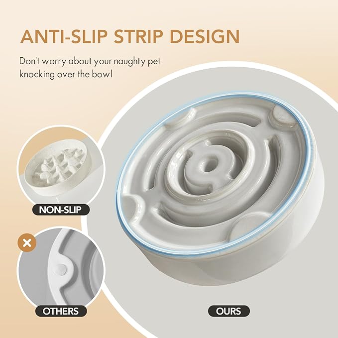 Ceramic 1.6 Cup Dog Bowl Slow Feeder for Fast Eaters, 8.2inch Slow Pet Food Dish for Medium and Large Dog, Stop Bloat, Preventing Choking(Single Bowl, Vanilla White)