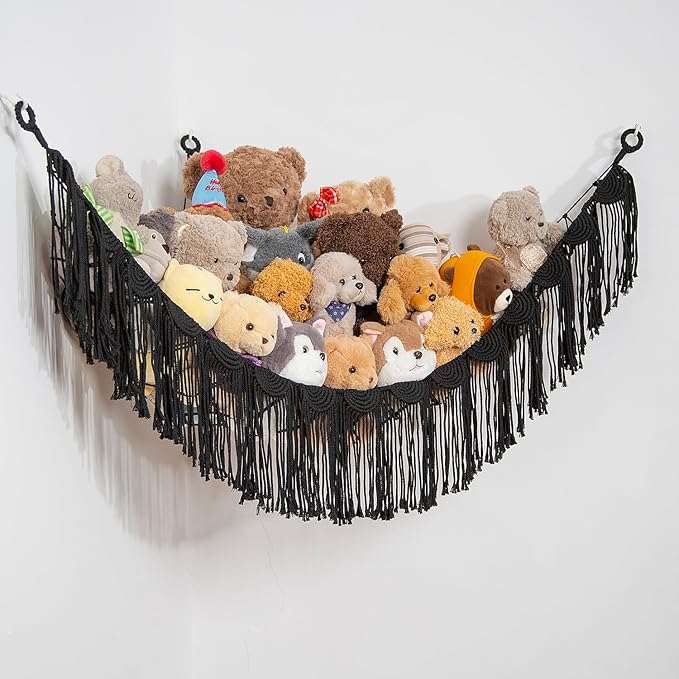 Amdermi Stuffed Animal Hammock Corner Hanging Net for Toy Organizer Playroom Stuffed Animal Toy Hammock Macraem Toy Display Plush Toy Holder for Bedroom (Black)