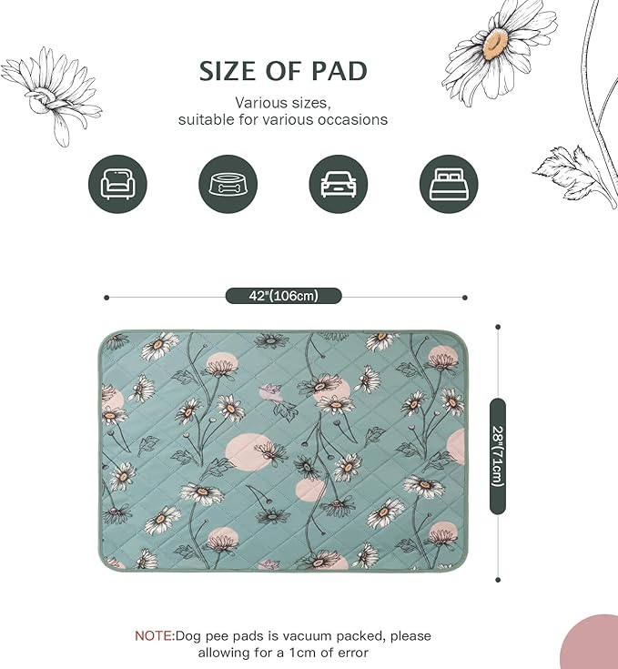 IEUUMLER Washable Pee Pads for Dogs, 2 Pack Non-Slip & Waterproof Pack Whelping Pad, Reusable Washable Puppy Potty Training Pad with Fast Absorbent for Playpen EU007 (Green Daisy, 42"X28"-2pcs)