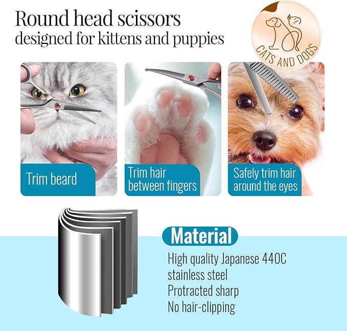 FOGOSP 4.5" Dog Grooming Scissors - 3 Pcs Curved & Straight Thinning Shears for Small Dogs & Cats - Japan 440C Stainless Steel
