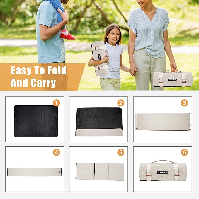 G GOOD GAIN Picnic Blankets Waterproof Extra Large - Outdoor Blanket Sand Free Foldable with Carry Strap for Beach, Camping, Park Grass, Hiking, Travel, Concerts(White Flower)
