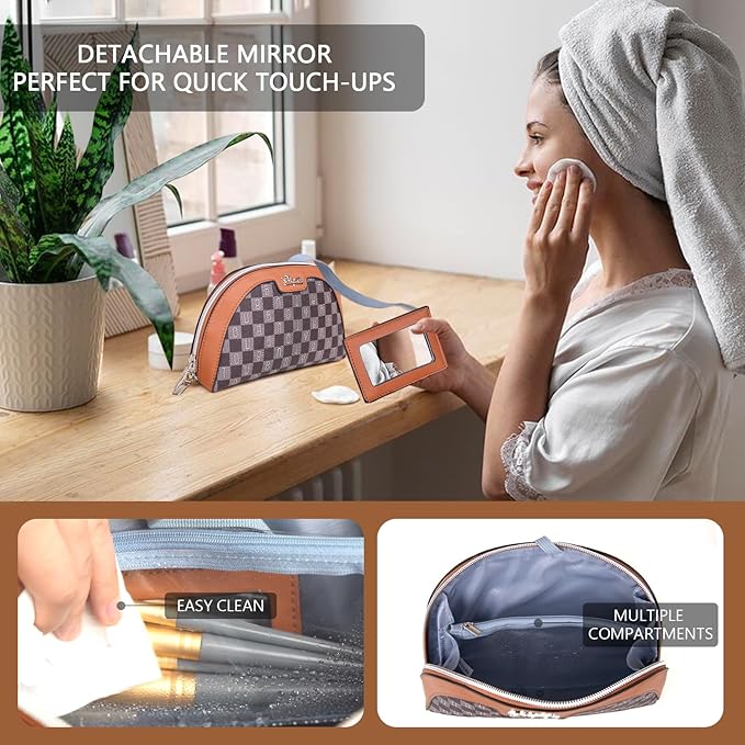 BOYATU Small Travel Makeup Bag for Women: Elegant Vegan Leather Cosmetic Pouch for Purse - Waterproof Toiletry Bag with Mirror(020-Brown)