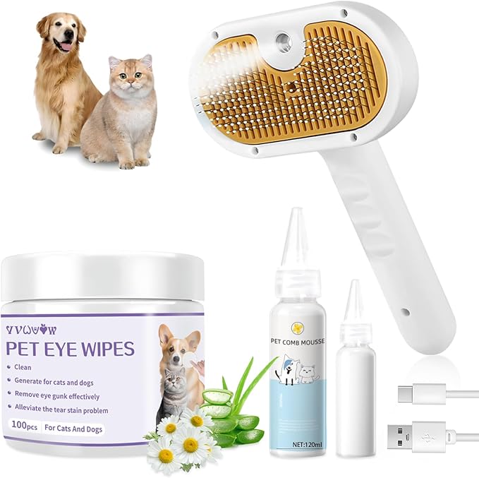 FASHIONARI Pet Steam Brush for Dog & Cat – 3-in-1 Spray Hair Removal Comb – Steam for Shedding & Grooming – Water Brush for Long & Short Haired Pets – Spritz Defur Comb – Includes 2*Waterless Shampoo