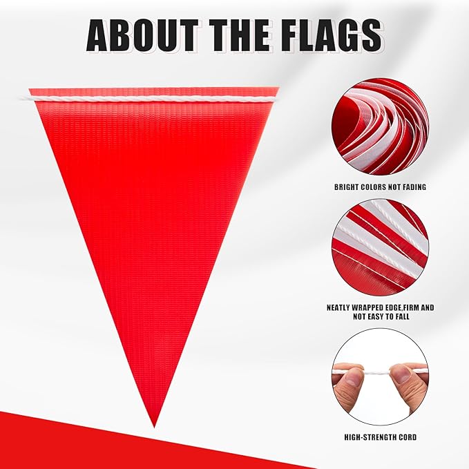 Heavy Duty Pennant Banner Flags with Warning Signs - Multipurpose 105FT OSHA Colored Safety Alert Flags for Party,Construction Sites, Industrial Zones, and Events(RED+WHITE,45pcs,105FT)