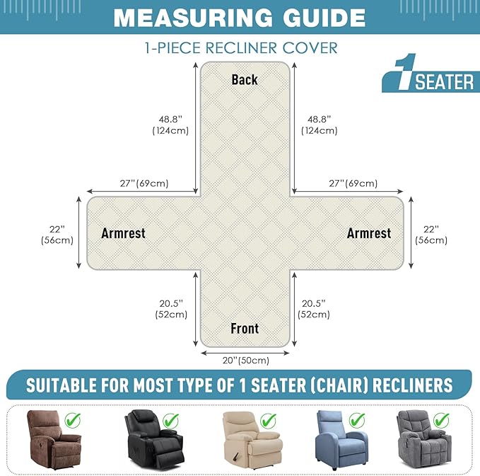 TAOCOCO 100% Waterproof Recliner Chair Cover, Small Recliner Covers for Recliner Chair with Pocket, Non Slip Reclining Chair Cover Furniture Protector for Kids, Pets(20'', Sky Blue)