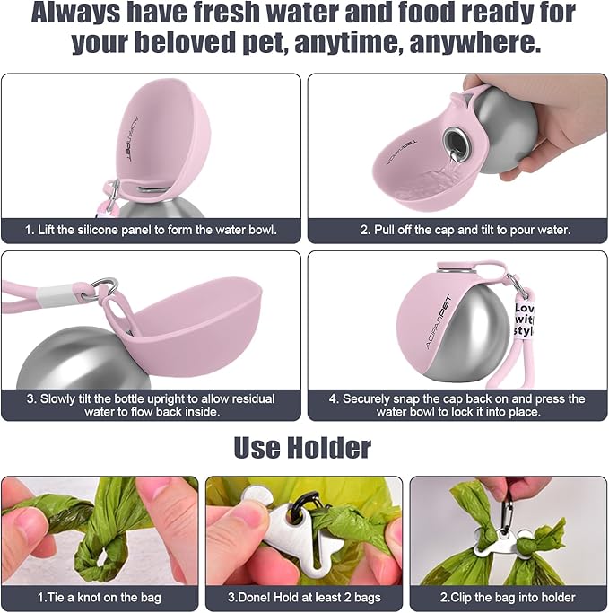 Portable Dog Water Bottle 10oz Stainless Steel Travel Dog Water Dispenser with Bowl No-Spill Puppy Water Bottle for Walking Hiking Small Dog Water Bottle, Includes Waste Bag Holder