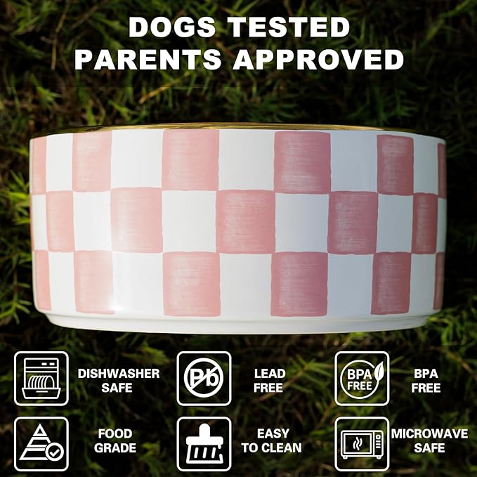 Ceramic Dog Bowls for Medium Dogs, 3.5 Cup Checkered Dog Food and Water Bowl with Acacia Wood Stand, Non-Slip Anti-Tip Elevated Feeding Station, Pink and White