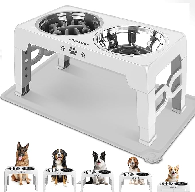 Jovrun Elevated Dog Bowls, Dog Feeder with Stainless Steel Dishes & Slow Feeder Bowl, 5 Heights Adjustable Raised Stand for Medium Large, Food Dishes with Non-Slip Feet