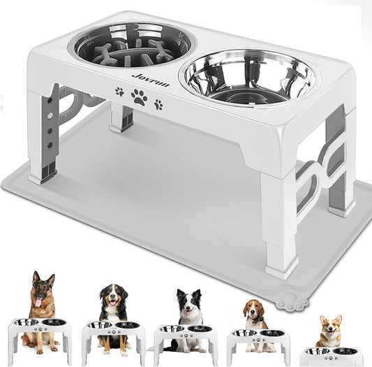 Jovrun Elevated Dog Bowls, Dog Feeder with Stainless Steel Dishes & Slow Feeder Bowl, 5 Heights Adjustable Raised Stand for Medium Large, Food Dishes with Non-Slip Feet