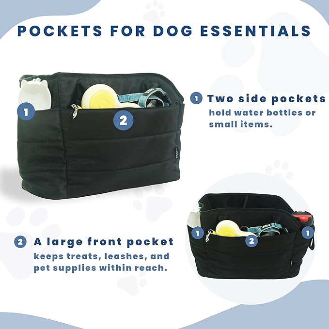 Lightweight Dog Purse Carrier for Small Dogs Under 15 lbs, Puffy Quilted Pet Carrier Tote for Puppies with Safety Leash Clip, Women's Hands-Free Dog Carrier Bag, Matte Black