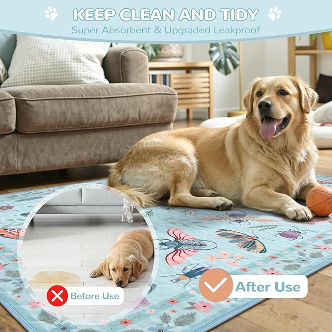 Lahome Washable Reusable Pee Pads for Dogs - Blue Butterfly & Insect Print 2 Pack Puppy Pads, Super Absorbent & Waterproof Training Mats for Crate & Floor - Leakproof with Non-Slip Backing (36"x48")