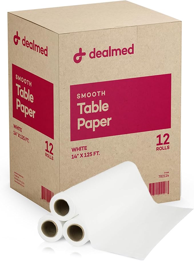 Dealmed Medical Exam Table Paper Roll | Disposable Covers for Doctors, Physicians, Diaper Changing, Waxing, Chiropractor, Tracing, Drawing, Coloring | Smooth, White, 14" x 125', 12 Rolls/Case