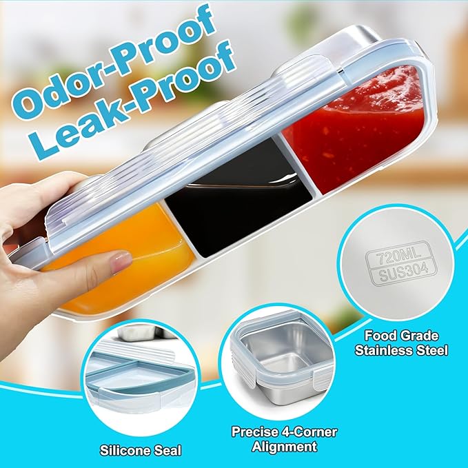Snack Containers, 2Pack Stainless Steel Snackle Box Leakproof 3-Compartment Metal Bento Box with Airtight Lids, Reusable Food Storage Container for Lunch, Travel, Picnics, and Office