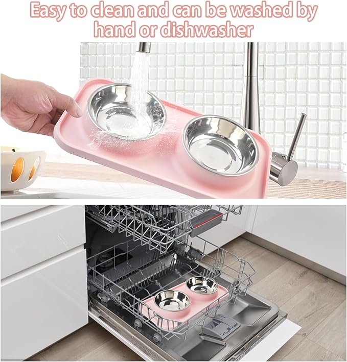 MUYG Double Dog Food Bowls with Mat,Stainless Steel Dog Bowls with No Spill Non Skid Silicone Mat Removable Cats Water and Food Bowl Set for Puppy Cats Kitten Small Medium Dogs(Pink)