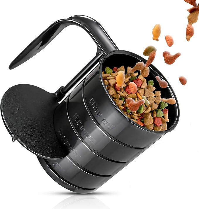 Pet Food Scoop, Dog Food Cups, Plastic Food Scoop with Measuring Lines, (Includes 1 C, 3/4 C, 1/2 C, 1/4 C), Pet Food Measuring Cups for Dog, Cat or Bird Food, Injection Molded and Dishwasher Safe (Black)