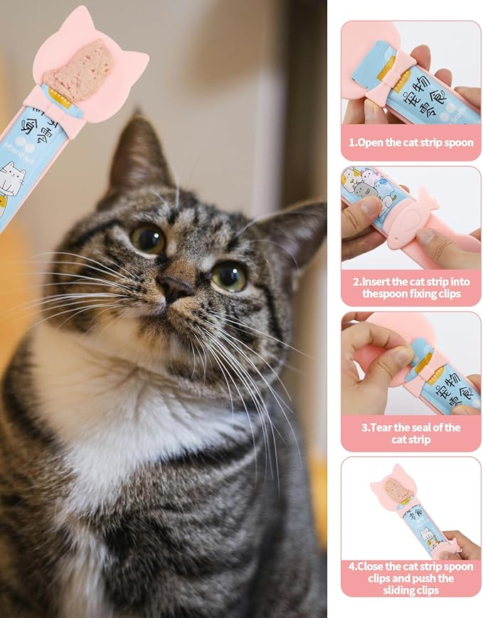 Aecsze 5 PCS Cat Food Can Covers Lids Set, Silicone Pet Food Can Lids with Multi-Function Cat Food Spoon and Opener, Cat Bar Squeezer, Stainless Steel Wet Food Spoon for Cats and Dogs (Pink)
