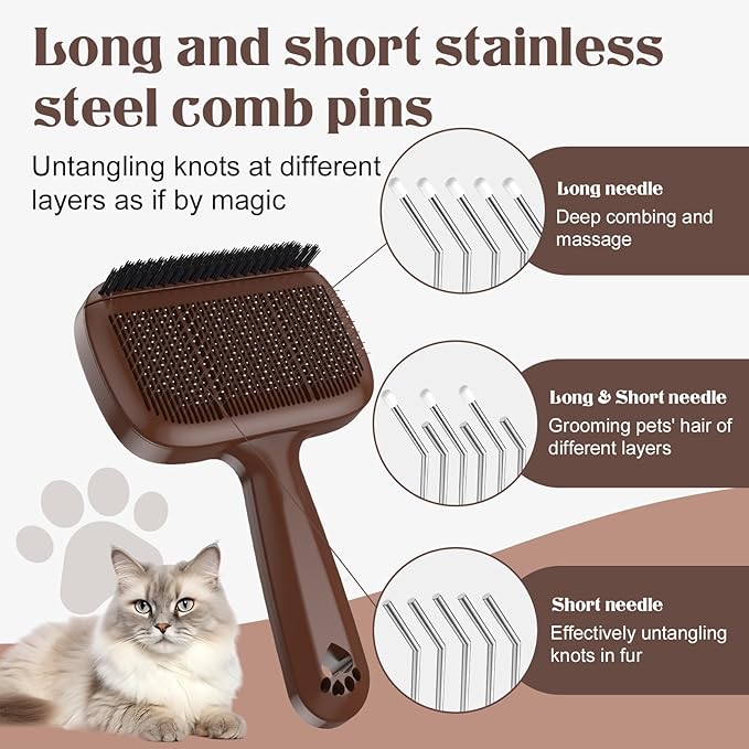 Self Cleaning Dog Brush for Shedding - Bristle Brush and Long/Short Needles Design, Skin Friendly, Slicker Deshedding Dog Brush, Hair Removal for Long & Short Haired Pets (Brown)