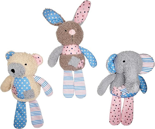 WaggyBros Colorful Patches Set - Bear, Bunny, Elephant, Squeaky Plush Dog Toys, All Bread Sizes, Toys, 3-Pack