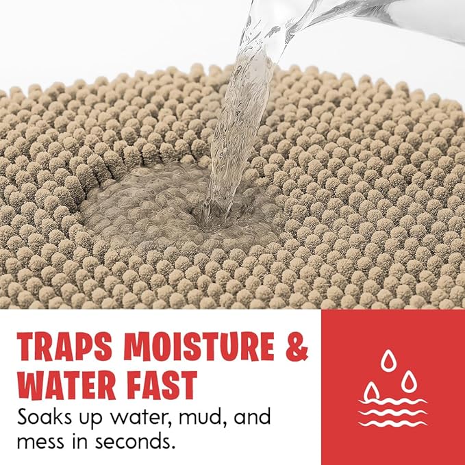 MudGuard Mat™ Dog Door Mat for Muddy Paws, Super Absorbent Microfiber, Non-Slip Indoor Mat, Quick Dry Chenille Mud Mat for Dogs & Entryway, Washable, Beige 19" x 30"
