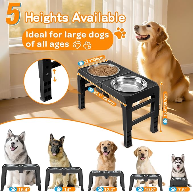 Elevated Dog Bowls for Large Dogs 5 Adjustable Heights 7.5"-15.4", 2 X-Large 10” Stainless Steel Bowls, Heavy Duty Raised Dog Bowl Stand Foldable Pet Feeder for Dogs Shoulder Height Over 15”, Black