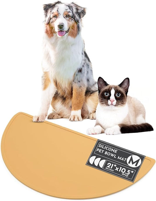 Should We Go? Waterproof Silicone Pet Food Mat - Non-Slip, Spill-Proof Feeding Mats for Floors, Raised Edge Design, Easy-to-Clean Rubber Mat for Dog & Cat Bowls, 21" Across x 10.5" Deep, Medium-Honey