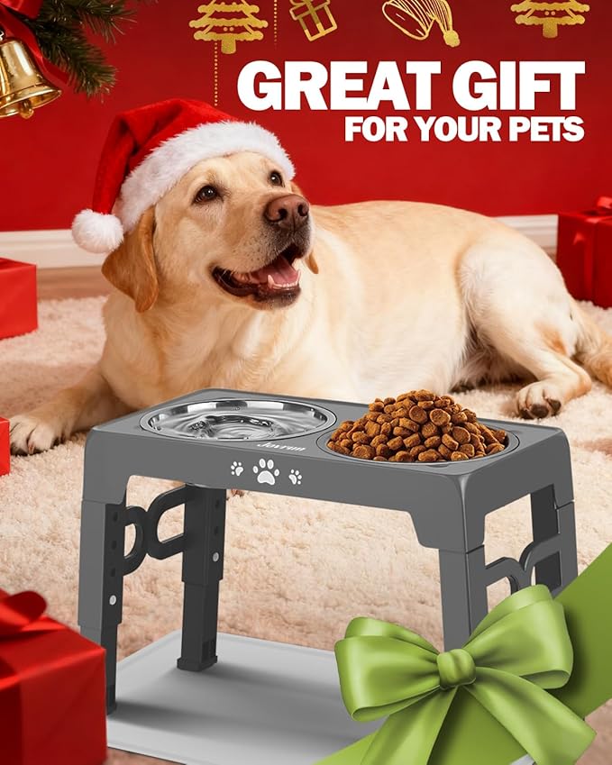 Jovrun Elevated Dog Bowls, Dog Feeder with Stainless Steel Dishes & Slow Feeder Bowl, 5 Heights Adjustable Raised Stand for Medium Large, Food Dishes with Non-Slip Feet