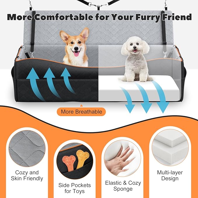Car Seat for Large Dog, Dog Booster Seats for 2 Medium or 3 Small Dogs Under 100Lbs, Pet Car Seats with 2 Safety Leashes, Dogs Sofa Bed Cushion Add Thick Sponge, Pet Cars Carrier for Travel