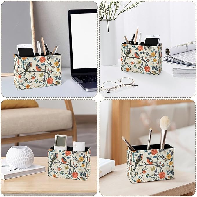 Famame Birds And Butterfly Tree Pencil Holder for Desk, Leather Desktop Container Pen Cup Storage Study Table Pen Organizer Makeup Brush Holder for Classroom Office Home