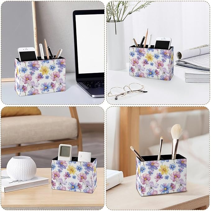 Famame Watercolor Cosmos Daisy Pencil Holder for Desk, Leather Desktop Container Pen Cup Storage Study Table Pen Organizer Makeup Brush Holder for Classroom Office Home
