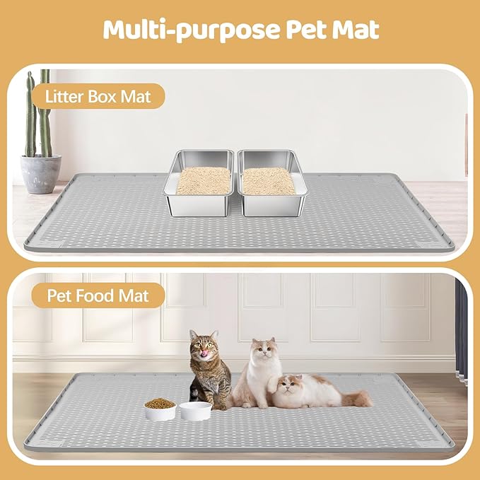 Bartuke Cat Litter Mat, XL Extra Large 40" x 40" Silicone Mat Litter Trapping Mat for Scatter Control, Soft on Kitty Paws, Easy to Clean (Light Grey)