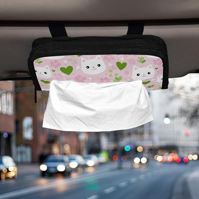 Car Tissue Holder Car Napkin Holder Car Tissue Box Dispenser Storage Case Sun Visor Mask Holder with Adjustable Straps Reusable Refillable Pink Cute Sakura Cat Faces Hearts