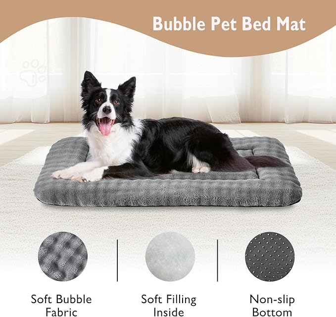 Dog Bed Mat Crate Pad for Large Dogs, Washable Soft Pet Sleeping Mat Kennel Pad with 3D Bubble Pattern, Grey, 36"x 23"