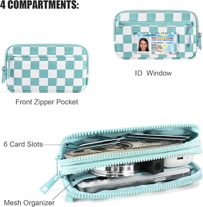 Checkered WristleWallets for Women, RFID Wallet Crossbody with 4 Zippers, Credit Card Holder Cell Phone Organizer