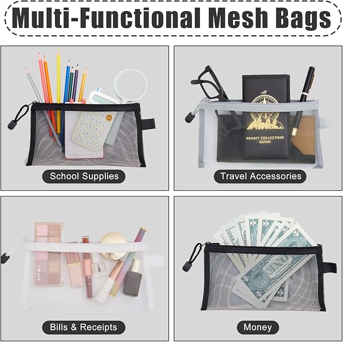 Leelosp 80 Pcs Mesh Zipper Pouch Bulk Back to School Pencil Storage Pouch Mesh Cosmetics Bags Toiletry Makeup Bags for Office Travel Organization(Black, Gray, White,9 x 4.7 Inch)