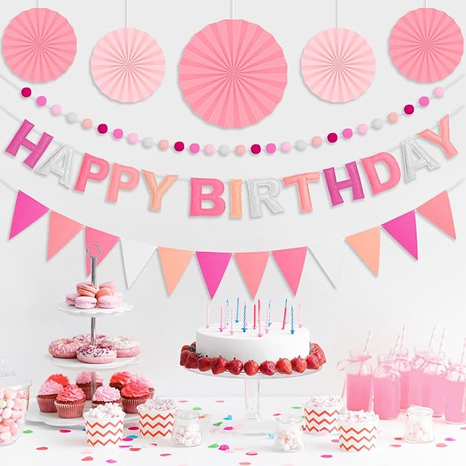 Pre-Strung 3D Felt Happy Birthday Banner, Reusable Pink Birthday Party Decorations for Women, Happy Birthday Sign with Felt Ball Garland, Pennant Flag, Hanging Paper Fans