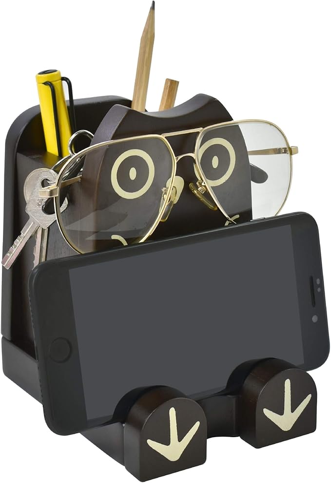 I'm Wood Multipurpose Eyeglass Phone Pen & Pencil Holder Stand Stationery Desk Box Organizer Accessories, Home Office Desktop Decor Birthday Graduation Gifts “Dream Big Aim High” (Owl)