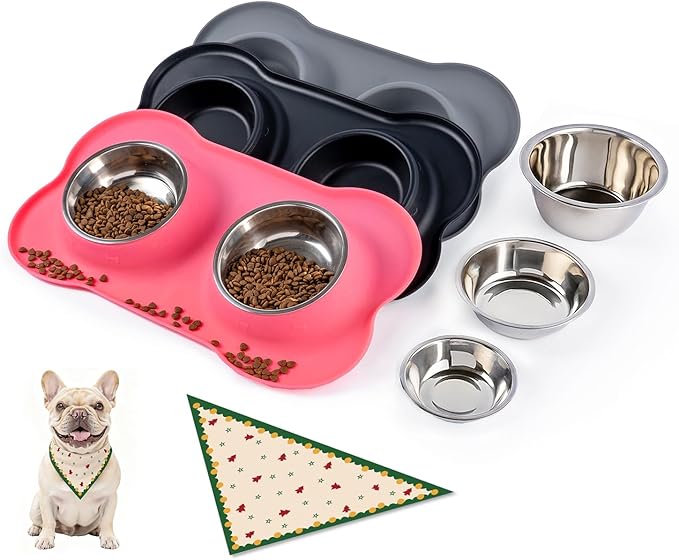 Dog Bowls with Silicone Feeding Mat,No Spill Food Water Dish Set,Dishwasher Safe,2 Stainless Steel Puppy Bowls with Dogs Bandanas,Suitable for Tiny Pets Under 8lbs,Extra Small,Pink