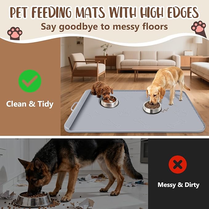 Dog Food Mat with Collection Pocket, 42''x28'' Extra Large Silicone Pet Feeding Mat for Food and Water, Waterproof Anti-Slip Dog Mat with Edge and Handle, Pet Placement for Floor(Light Grey)