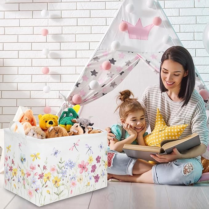 FXOCSHE Boho Flower Nursery Basket,Waterproof collapsible storage box,Fall Wildflower Floral Dandelion Storage Bin,Plant Butterfly baby girl gift basket,Girls Bedroom Boho Flower Decor(Dandelion)