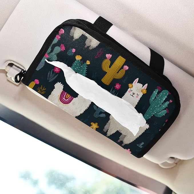 Car Tissue Holder Car Napkin Holder Car Tissue Box Dispenser Storage Case Sun Visor Mask Holder with Adjustable Straps Reusable Refillable White Llama Green Cactus