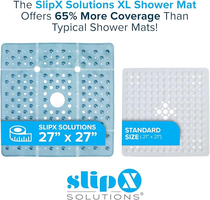 SlipX Solutions 27" Oversize Square Shower Mat, Non-Slip Mat for Elderly & Kids, 100+ Power Grip Suction Cups for Smooth Surfaces, Machine Washable, Dusty Blue