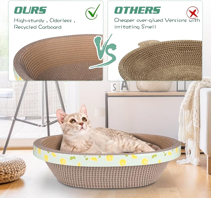 Oval Cat Scratcher Cardboard Couch Bed, Corrugated Cat Scratching Pad for Indoor Cats, Durable Cat Scratch Box Lounger for Furniture Protector (17.3 x 13.6 x 4.5 Inch)