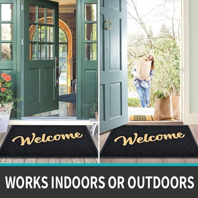 T.HENV Welcome Mat Outdoor Indoor, 36x24, Black-Gold, Waterproof, Non Slip, Easy Clean