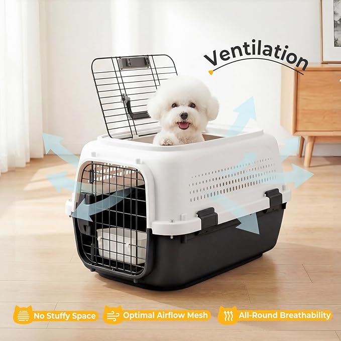NEWBULIG 23" Hard-Sided Dog Carrier, Plastic Cat & Dog Crate, 4-Sided Ventilation Travel Pet Kennel, Top & Front Door Access, Integrated Food Bowl, for Small Pets up to 22 lbs, White & Black