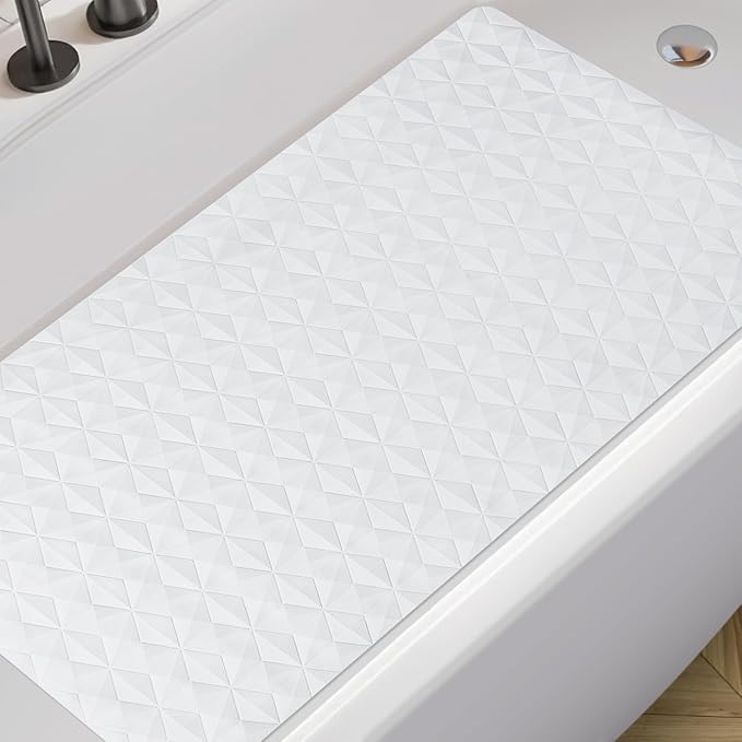 Non Slip Bathtub Mat for Bath Tub Shower Safety - Natural Rubber Mat with Suction Cups ＆ Drain Holes - BPA/PVC Free Large Bathroom Mat - Machine Washable - Unique Diamond Pattern - 17 × 35 Inch