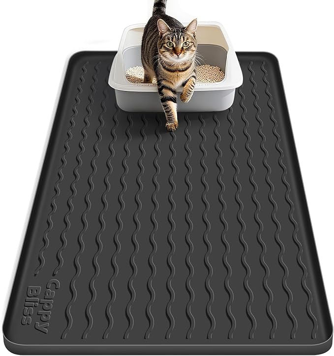 Large Silicone Cat Mat for Litter Box, 34"x22" Waterproof & Urine-Proof Pad with Litter-Trapping Waves, Non-Slip, Easy Clean & Paw-Safe (Black)