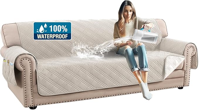H.VERSAILTEX 100% Waterproof Sofa Covers for 3 Cushion Couch Modern Sofa Cover for Dogs XL Couch Covers for Oversized Sofa with Elastic Straps (Oversized Sofa, French Oak/Beige)