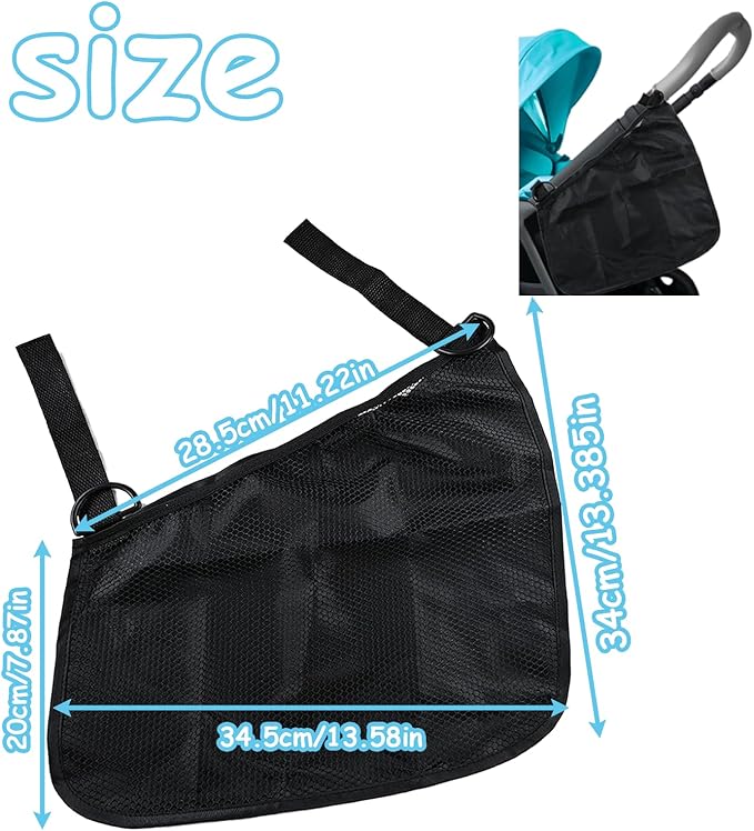 2 Pack Universal Side Sling Stroller Organizer with Mesh Cargo Net,Adjustable and Non-Slip Stroller Storage Bags, Portable Side Sling Stroller Cargo Net for Baby Accessories(Black)