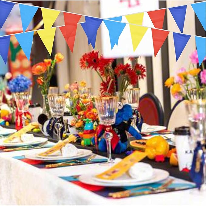 Red Blue Yellow Pennant Banner Triangle Flag Bunting Garland Decorations for Carnival Circus Clown Grand Opening Wedding Kids Birthday Baby Shower Outdoor Garden 60Feet 64 pcs