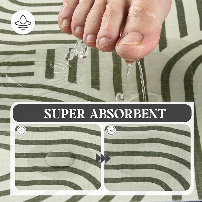 MontVoo -Bath Mat-Non Slip Thin Bathroom Rugs Fit Under Door- Quick Dry Absorbent Faux Suede Surface Grey Bathroom Floor Mats-Shower Rug for in Front of Bathtub Shower Ivory & Green Arched 17x27.5